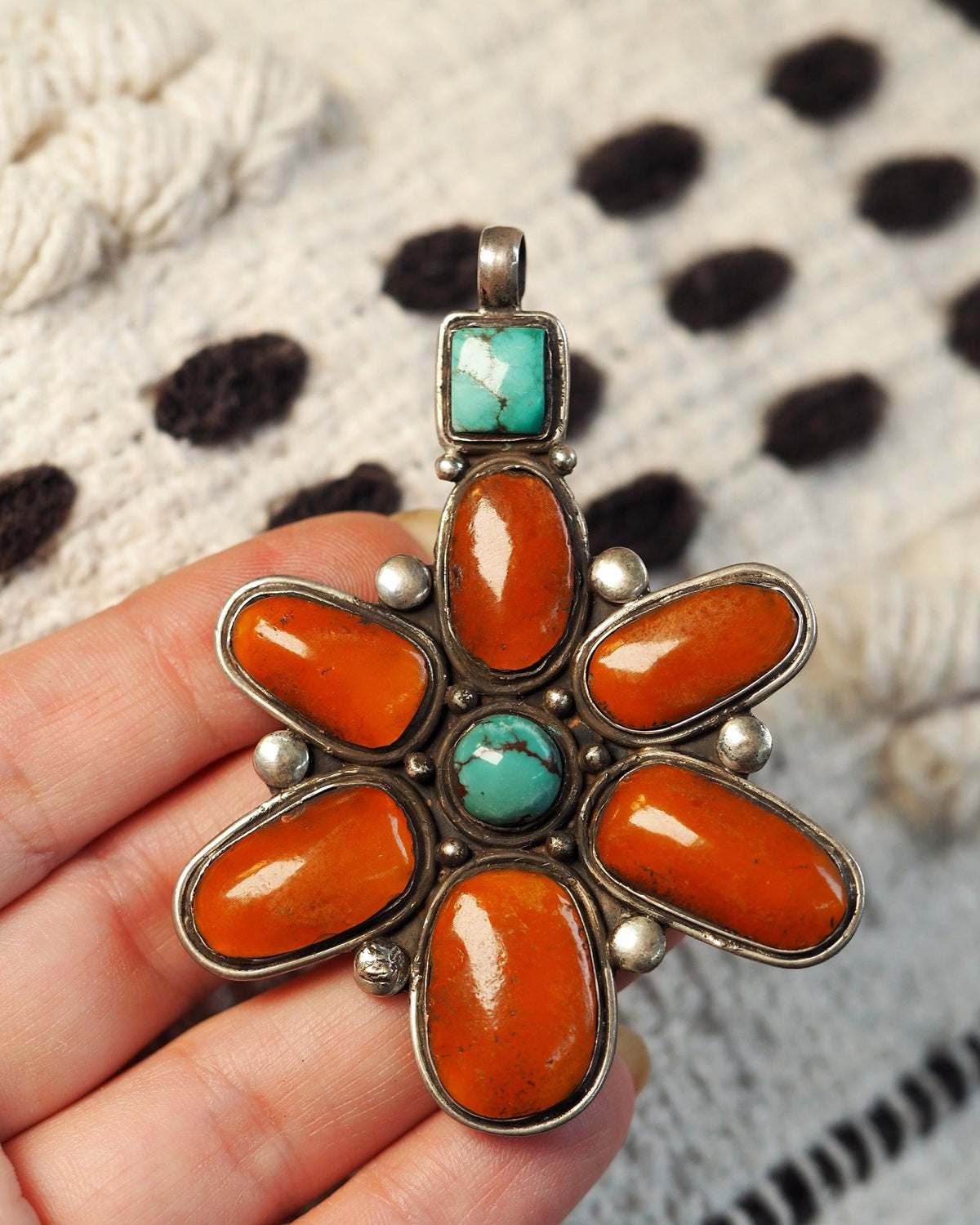 Large Silver Carnelian & Dyed Howlite Flower Statement Pendant Pendant - GlamGram NYC