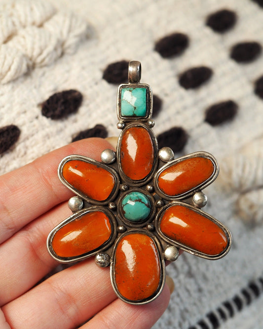 Large Silver Carnelian & Dyed Howlite Flower Statement Pendant Pendant - GlamGram NYC