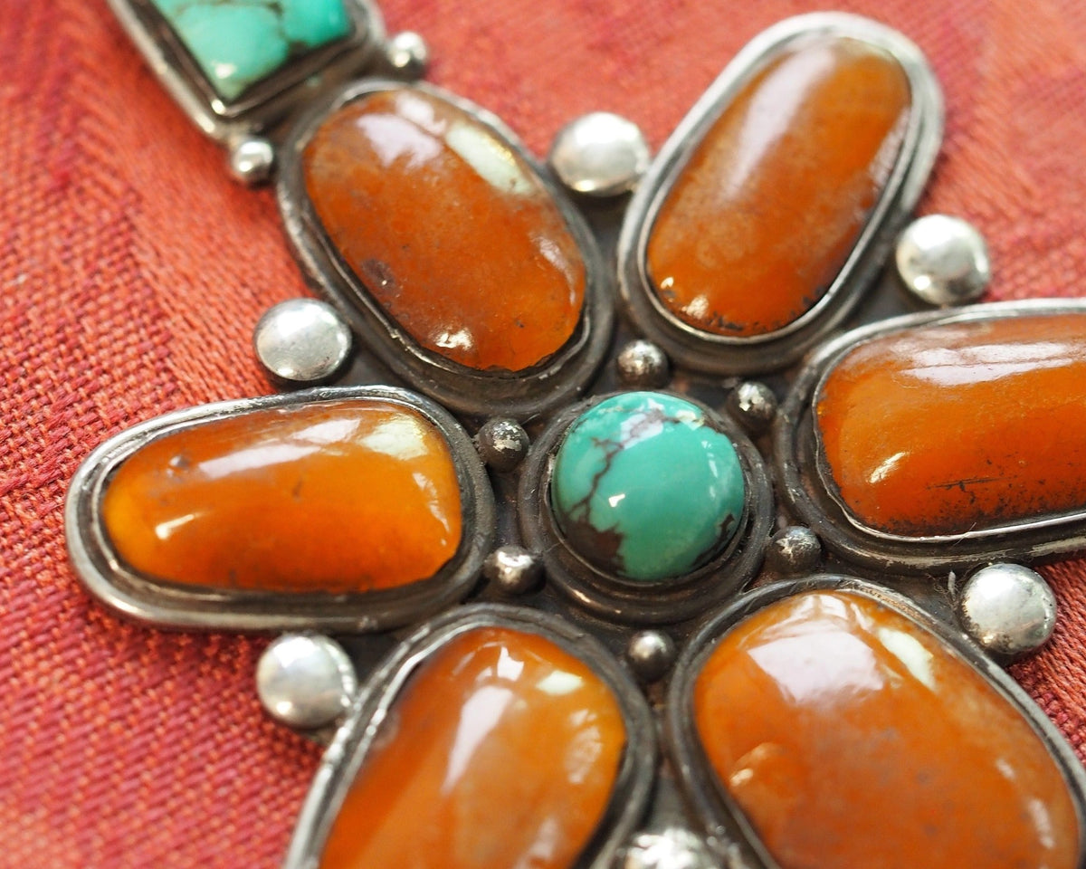 Large Silver Carnelian & Dyed Howlite Flower Statement Pendant Pendant - GlamGram NYC