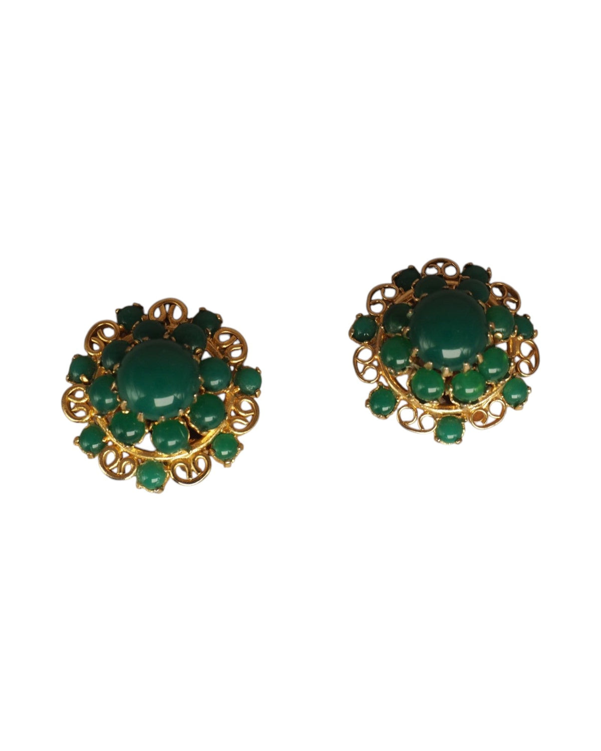 Mid-Century Gold-Tone Filigree Green Cabochon Clip-On Earrings Earrings - GlamGram NYC