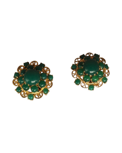 Mid-Century Gold-Tone Filigree Green Cabochon Clip-On Earrings Earrings - GlamGram NYC