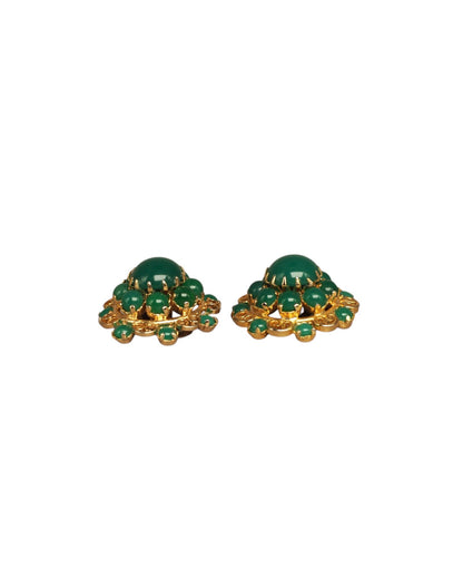 Mid-Century Gold-Tone Filigree Green Cabochon Clip-On Earrings Earrings - GlamGram NYC