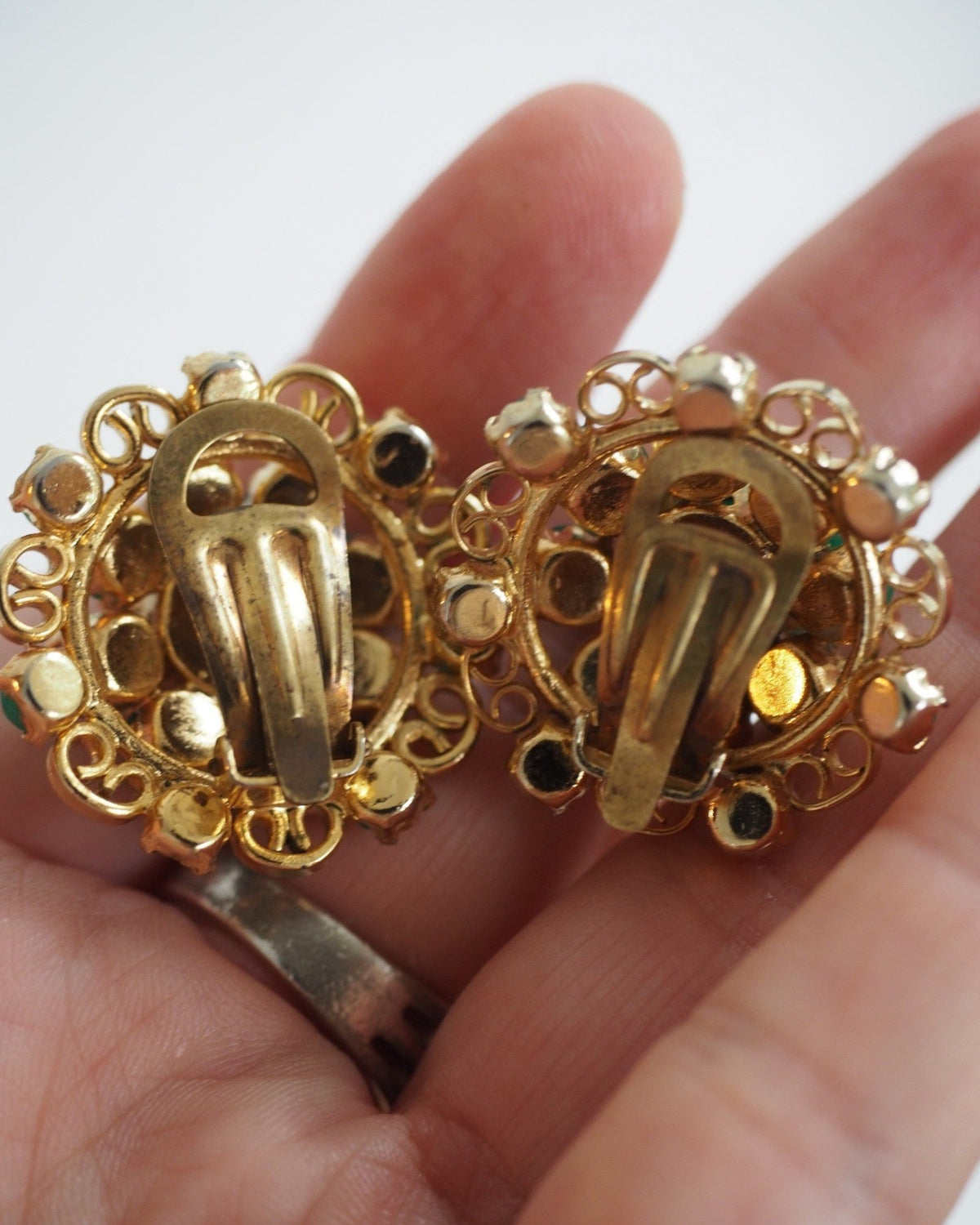 Mid-Century Gold-Tone Filigree Green Cabochon Clip-On Earrings Earrings - GlamGram NYC