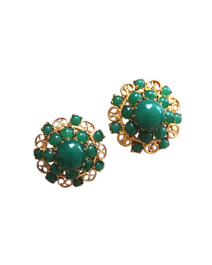 Mid-Century Gold-Tone Filigree Green Cabochon Clip-On Earrings Earrings - GlamGram NYC