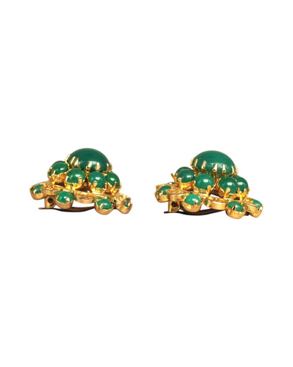 Mid-Century Gold-Tone Filigree Green Cabochon Clip-On Earrings Earrings - GlamGram NYC