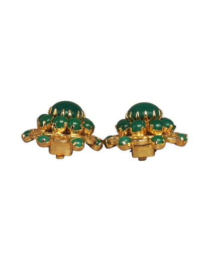 Mid-Century Gold-Tone Filigree Green Cabochon Clip-On Earrings Earrings - GlamGram NYC
