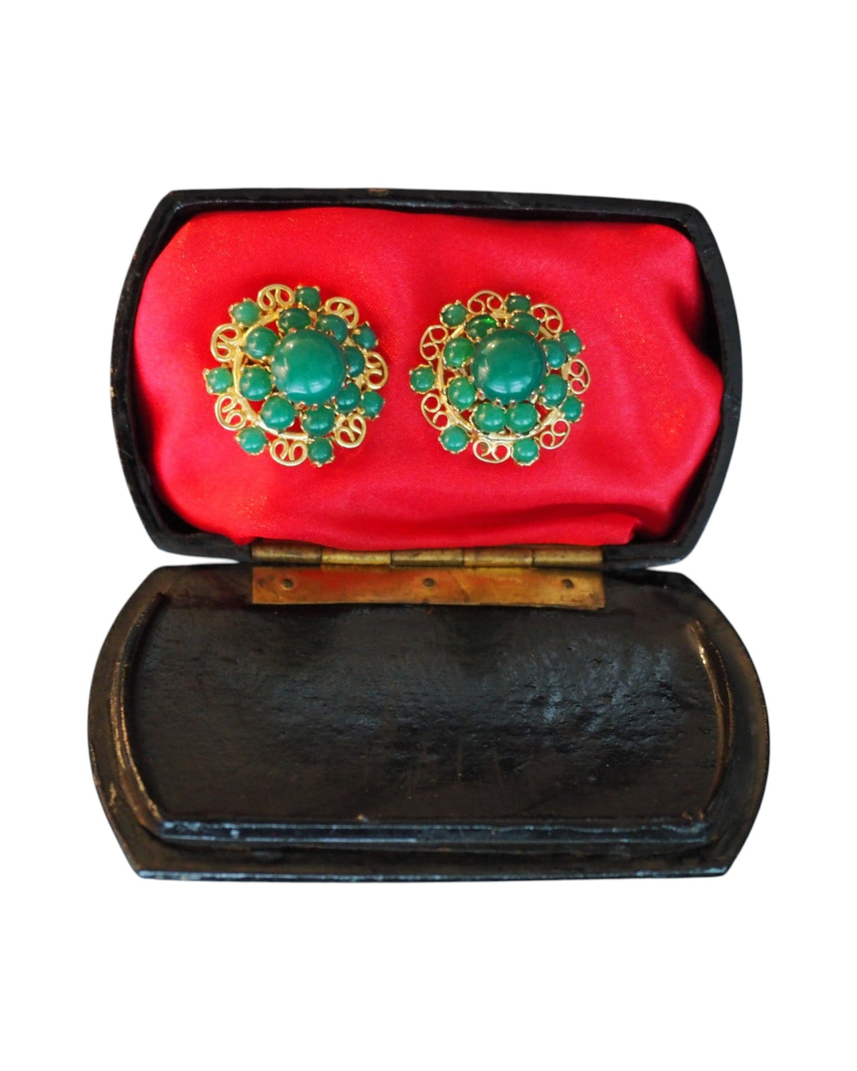 Mid-Century Gold-Tone Filigree Green Cabochon Clip-On Earrings Earrings - GlamGram NYC