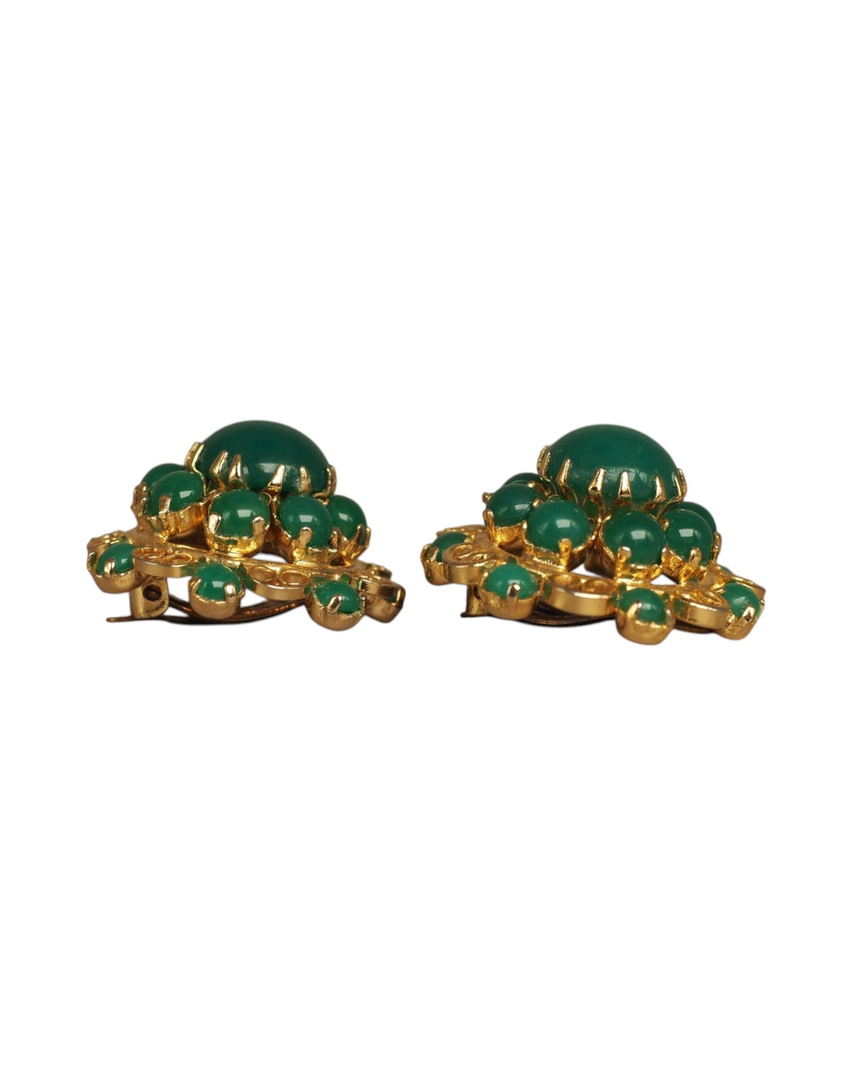 Mid-Century Gold-Tone Filigree Green Cabochon Clip-On Earrings Earrings - GlamGram NYC