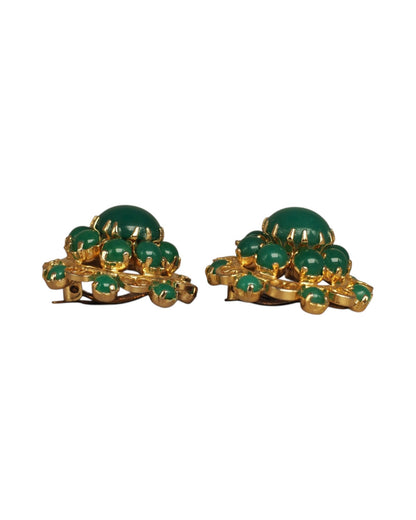 Mid-Century Gold-Tone Filigree Green Cabochon Clip-On Earrings Earrings - GlamGram NYC