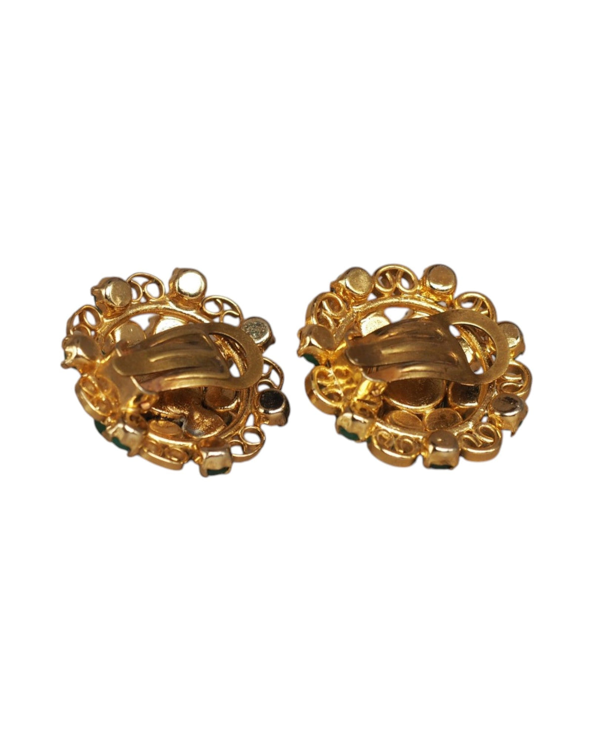 Mid-Century Gold-Tone Filigree Green Cabochon Clip-On Earrings Earrings - GlamGram NYC