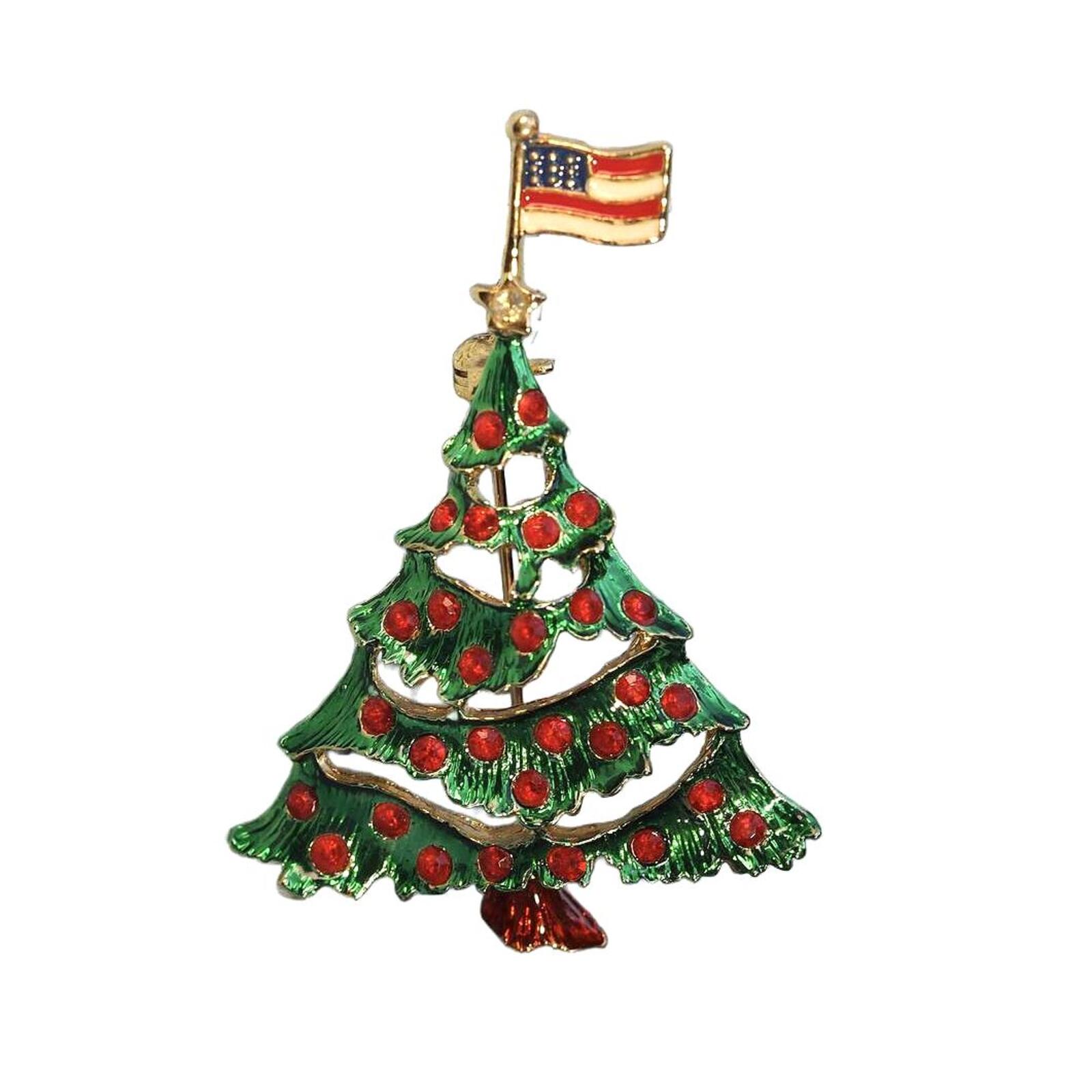 Vintage 1980s–1990s Patriotic Christmas Tree Brooch with American Flag