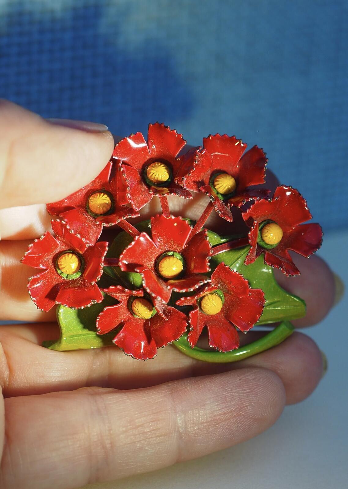 Vintage Red Painted Metal Flower Brooch on Green Leaf Base