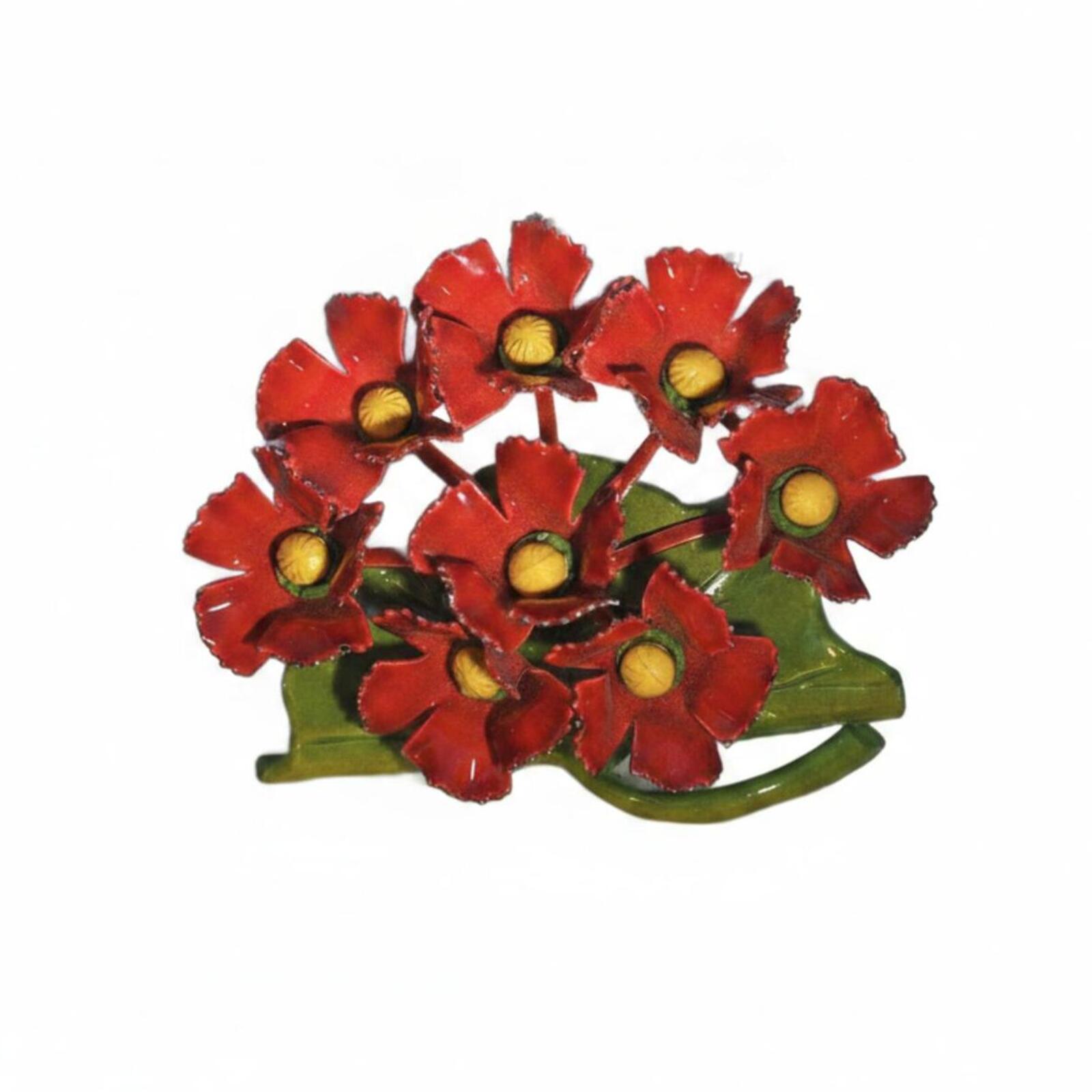Vintage Red Painted Metal Flower Brooch on Green Leaf Base