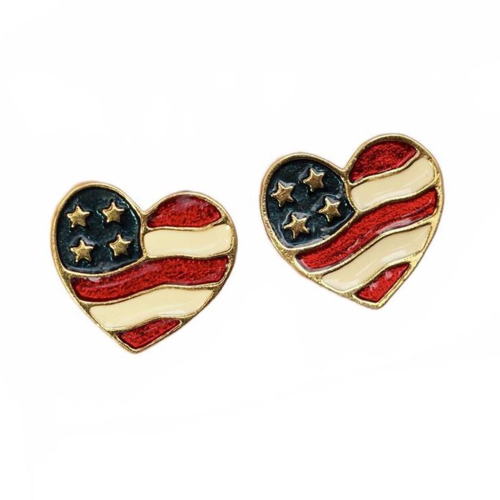 Vintage Avon Patriotic Heart Flag Enamel Stud Earrings