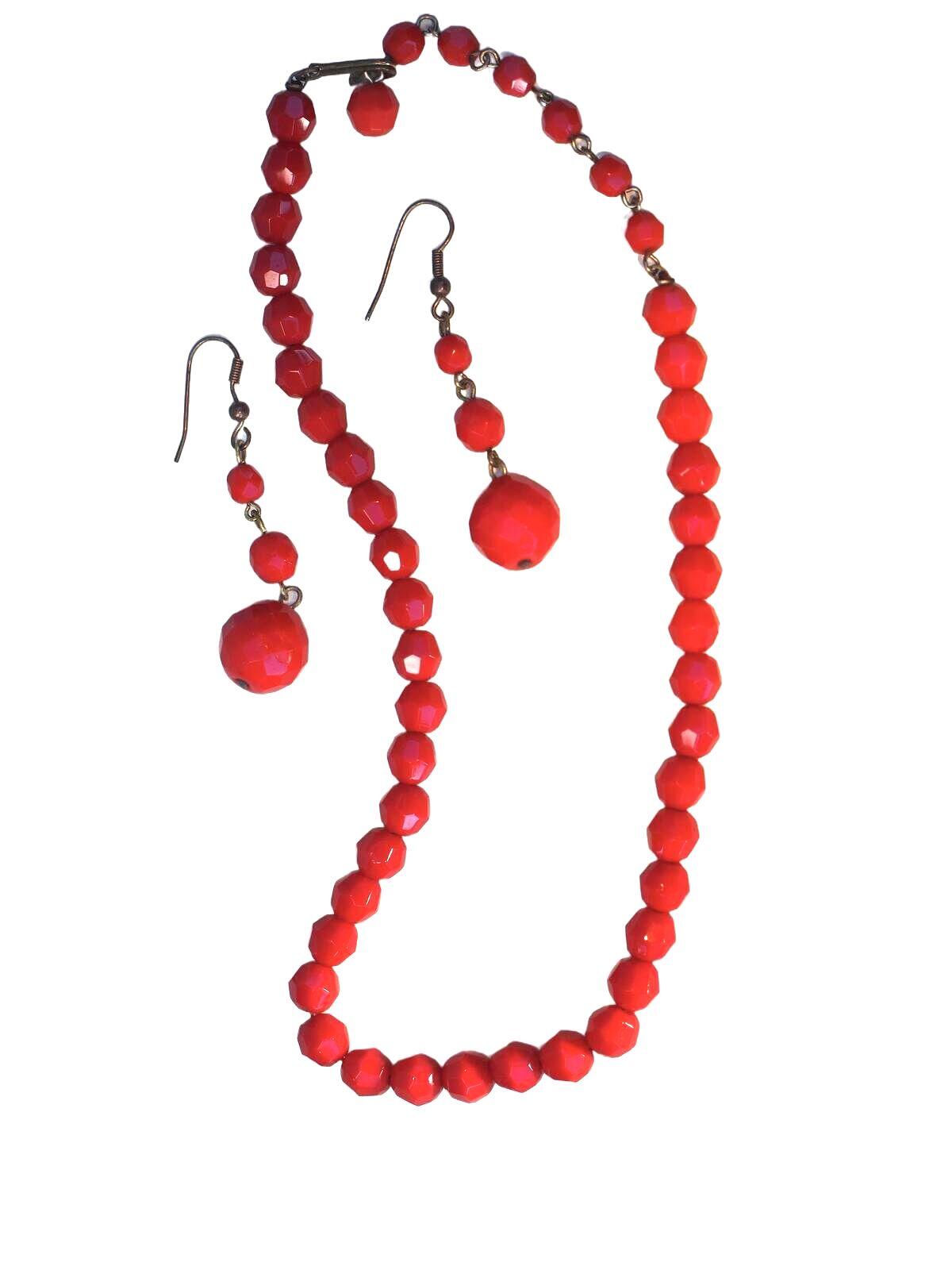 Vintage Opaque Cherry Red Faceted Glass Necklace & Dangle Earrings Set