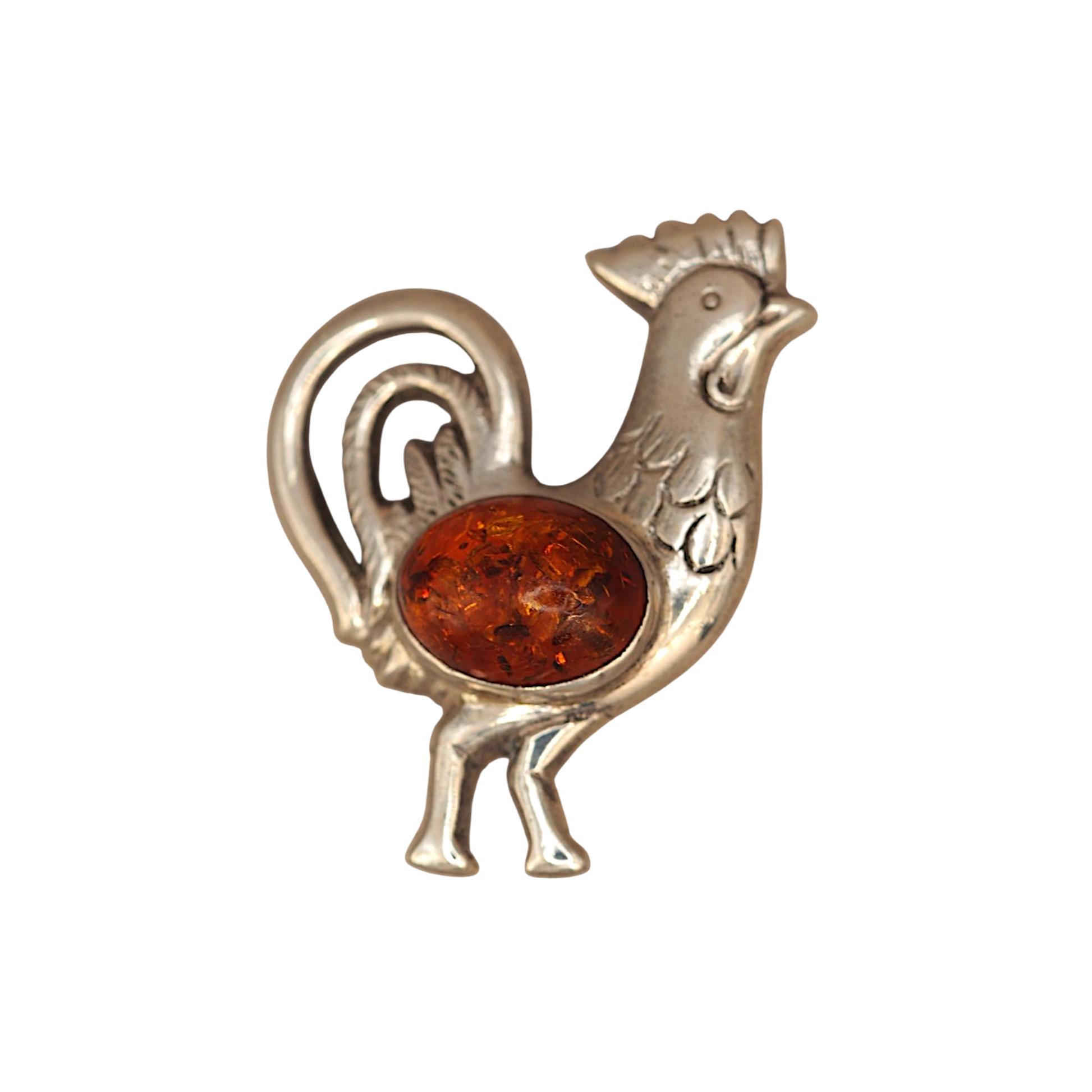 Sterling silver amber rooster pendant front