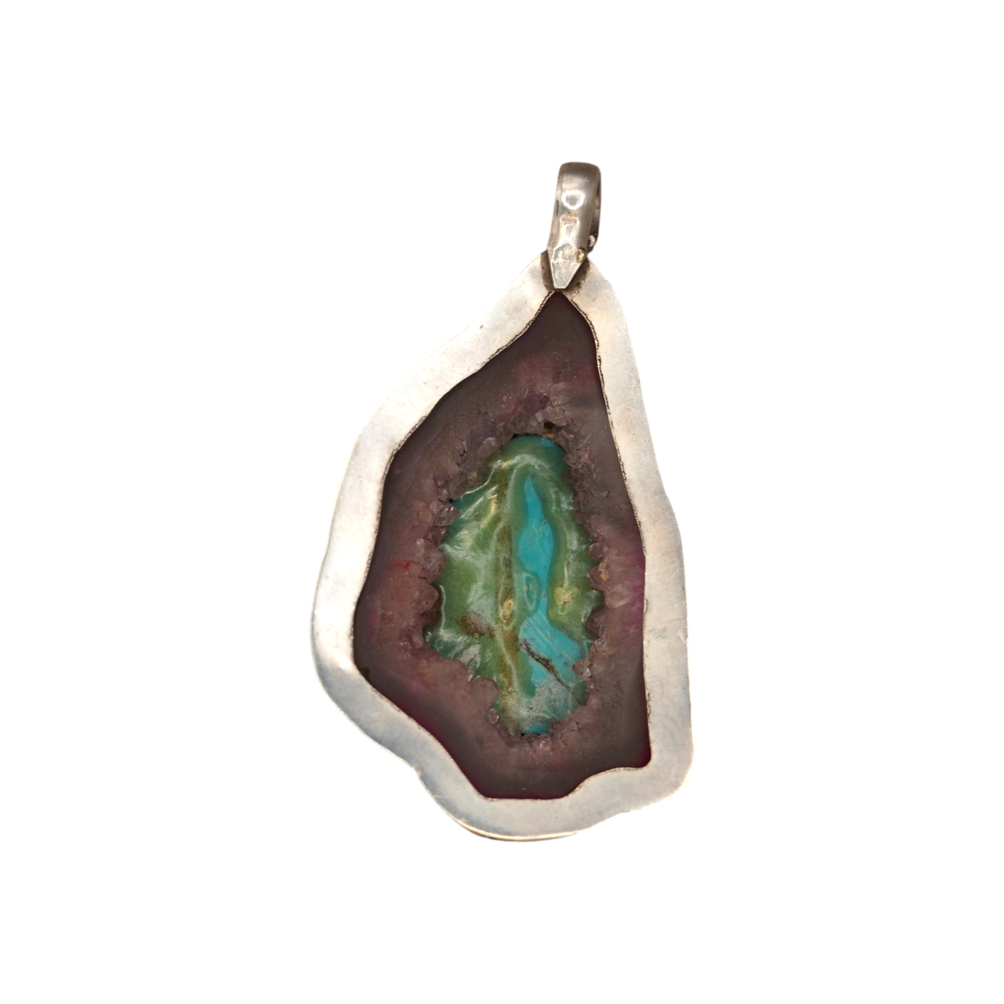 Open back of turquoise and dyed agate sterling pendant
