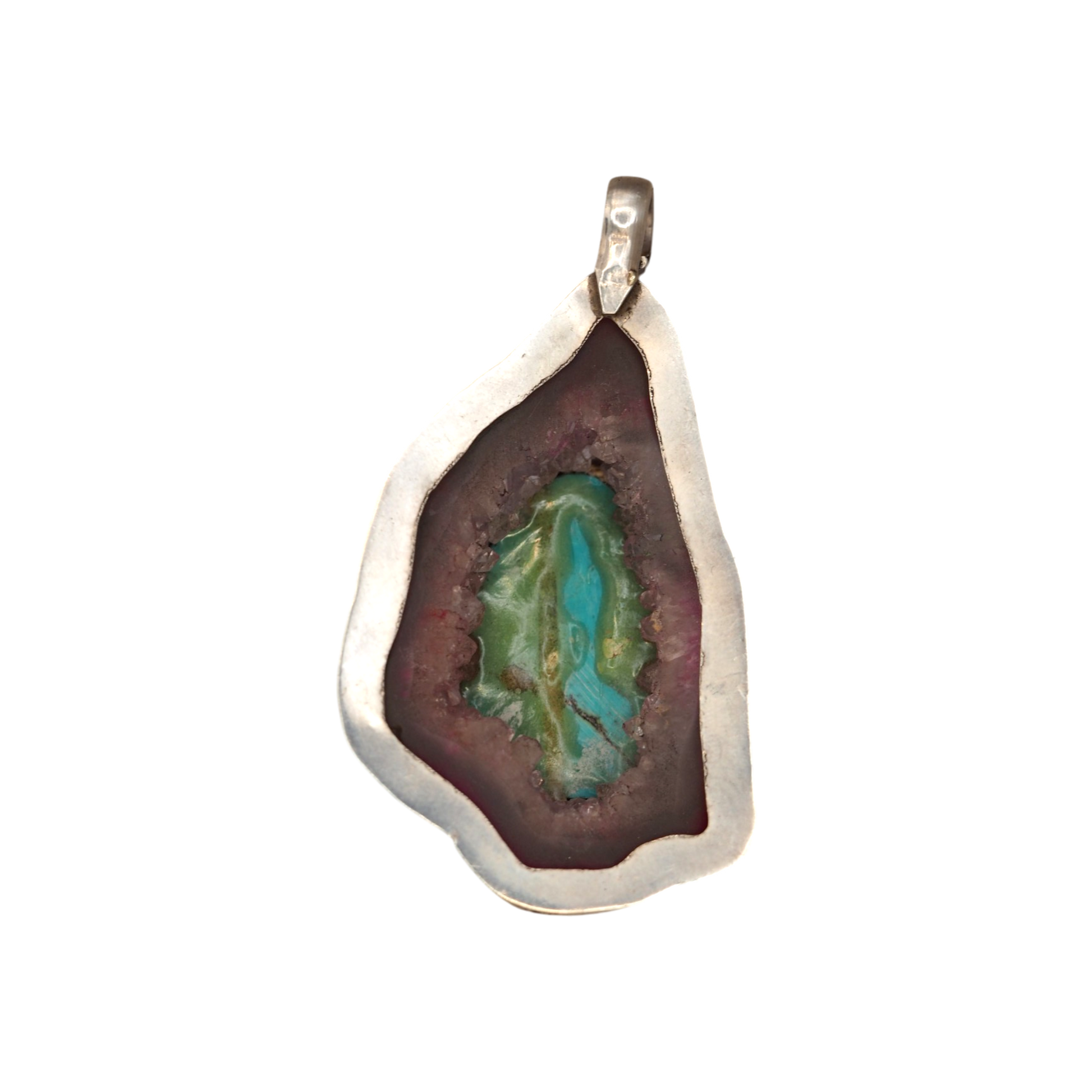 Open back of turquoise and dyed agate sterling pendant