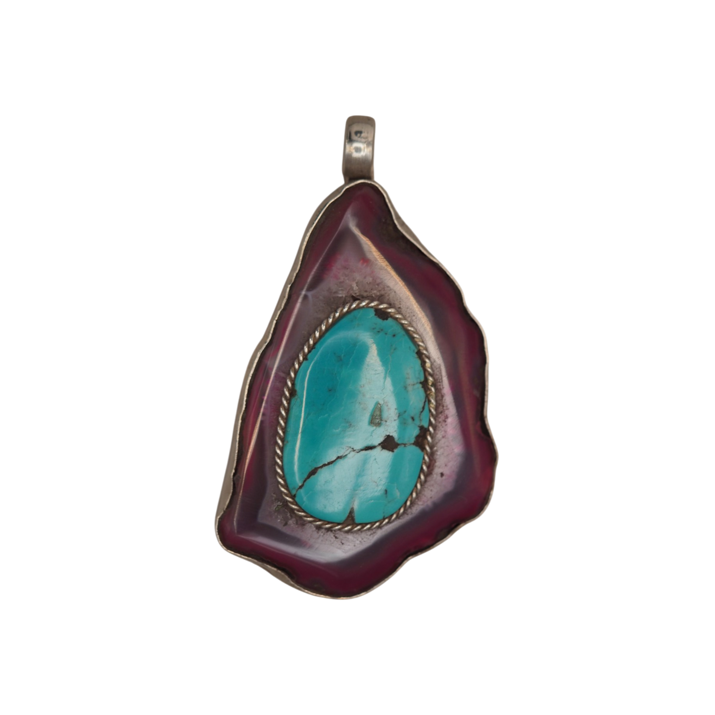 Sterling silver turquoise and dyed agate talisman pendant front