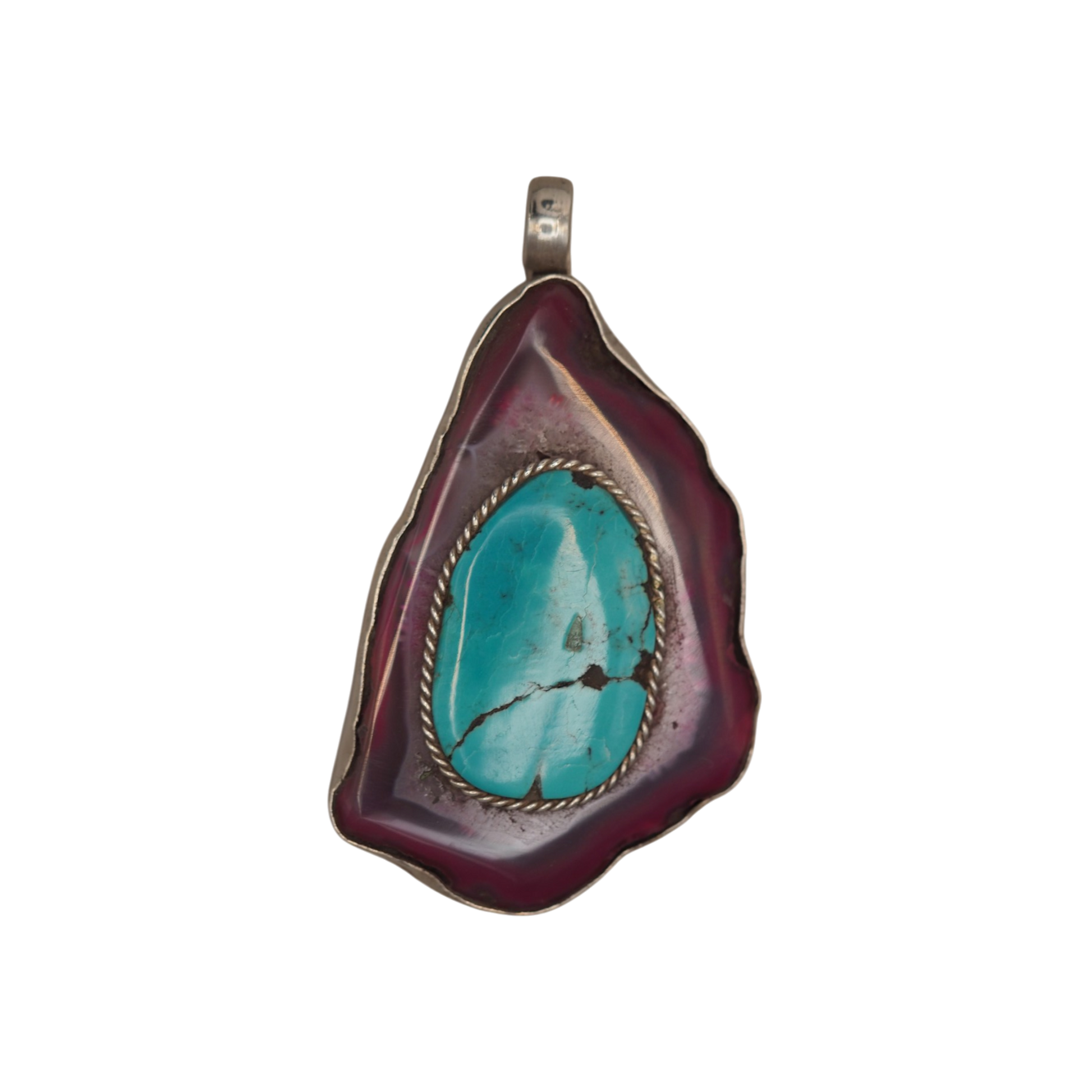 Sterling silver turquoise and dyed agate talisman pendant front