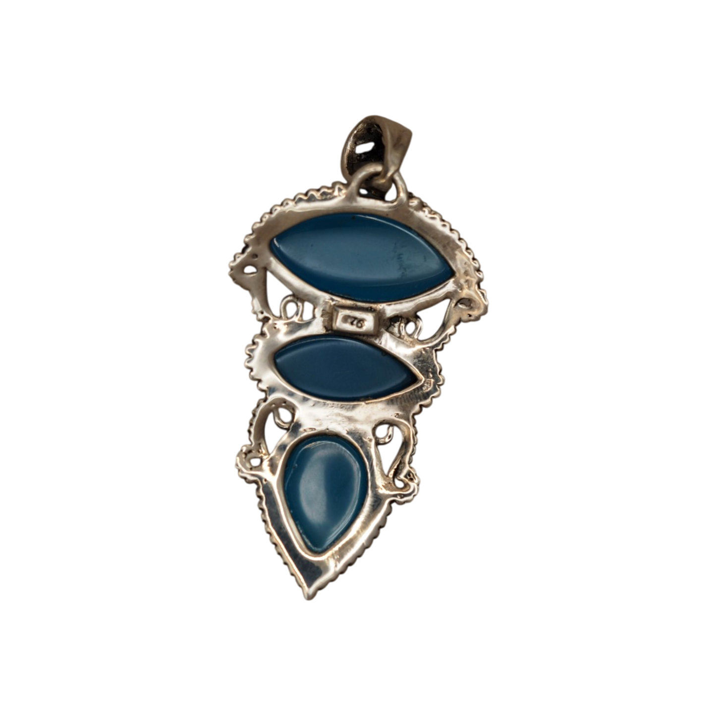 Reverse of sterling silver blue chalcedony pendant showing 925 hallmark