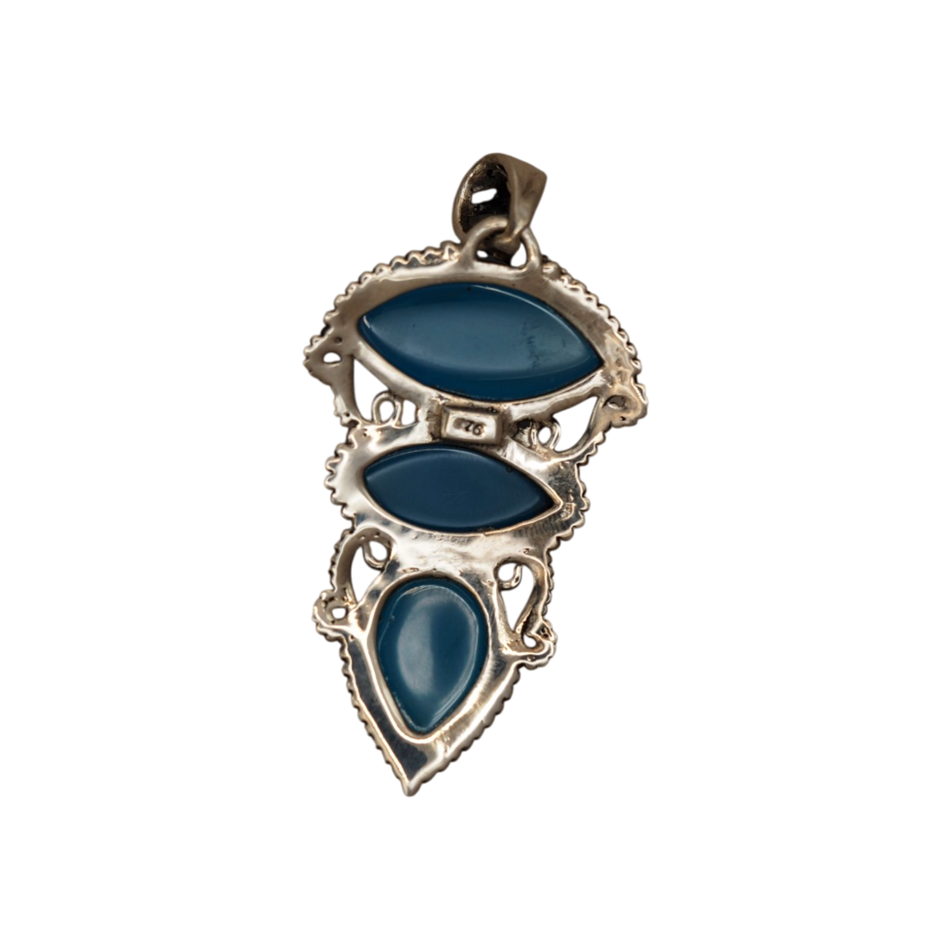 Reverse of sterling silver blue chalcedony pendant showing 925 hallmark