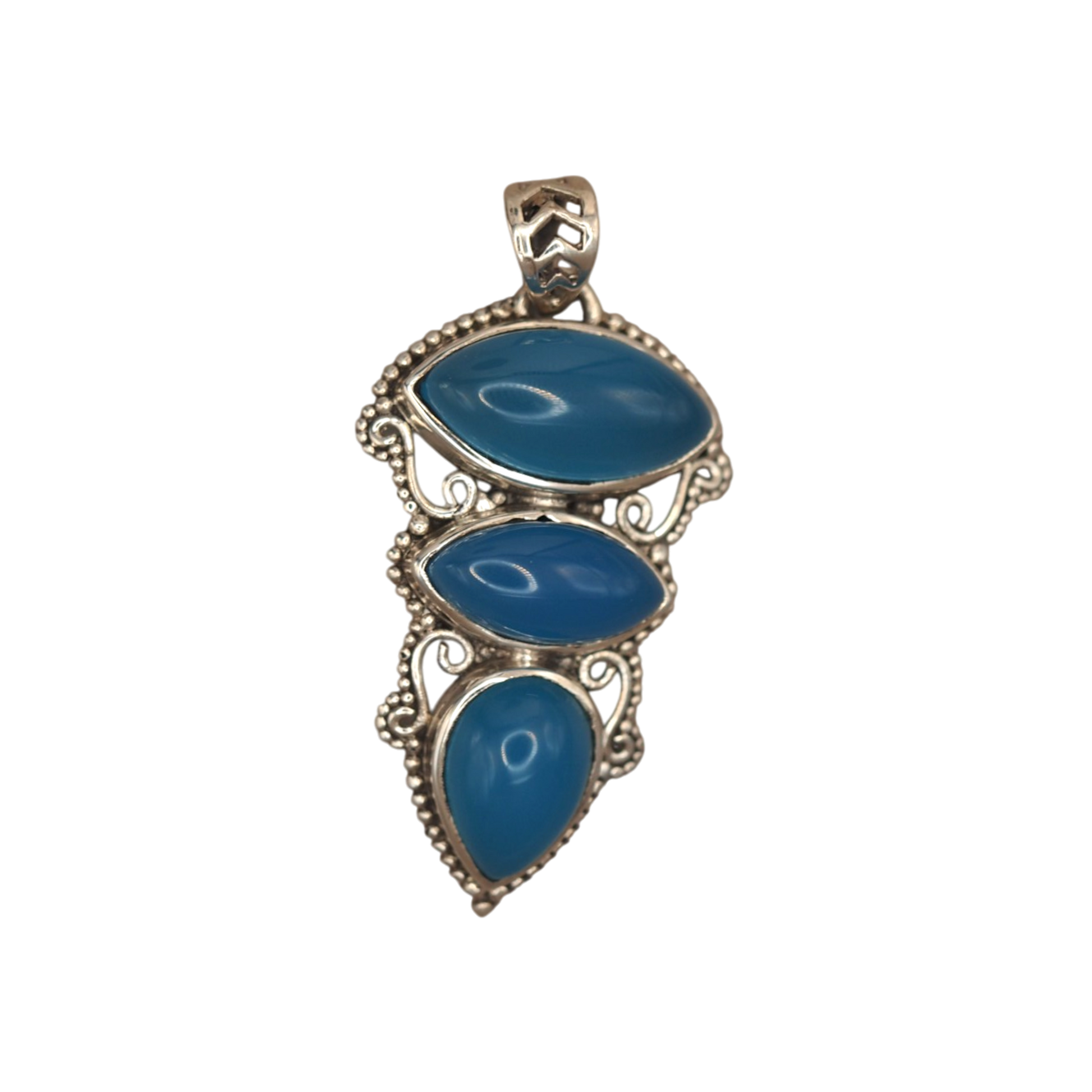Sterling silver blue chalcedony three-stone talisman pendant front view