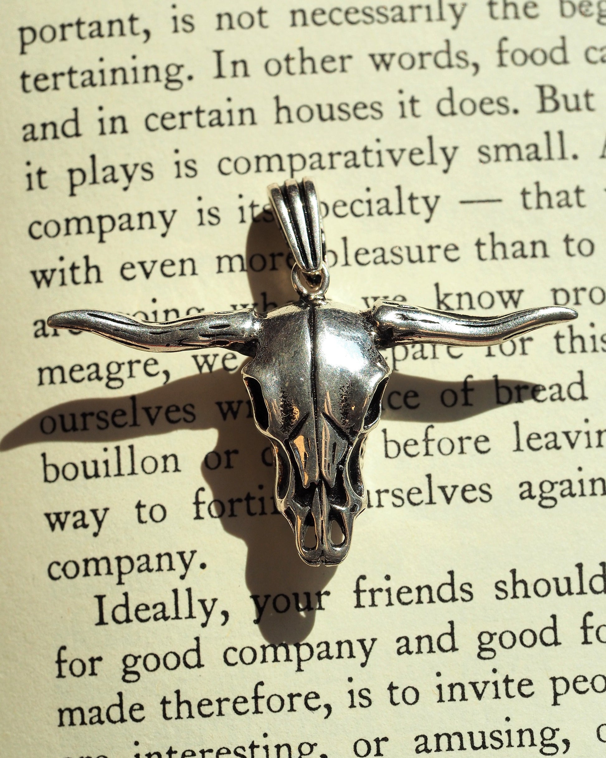 Sterling silver longhorn skull pendant with oxidized patina, front view on printed page