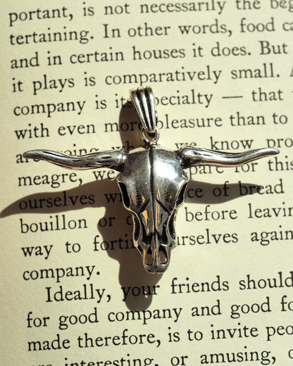 Sterling silver longhorn skull pendant with oxidized patina, front view on printed page
