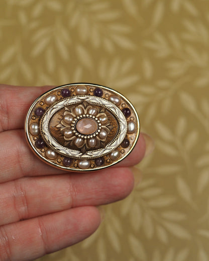 Signed Michal Golan Rose-Color Quartz Pearl Brooch Brooch - GlamGram NYC