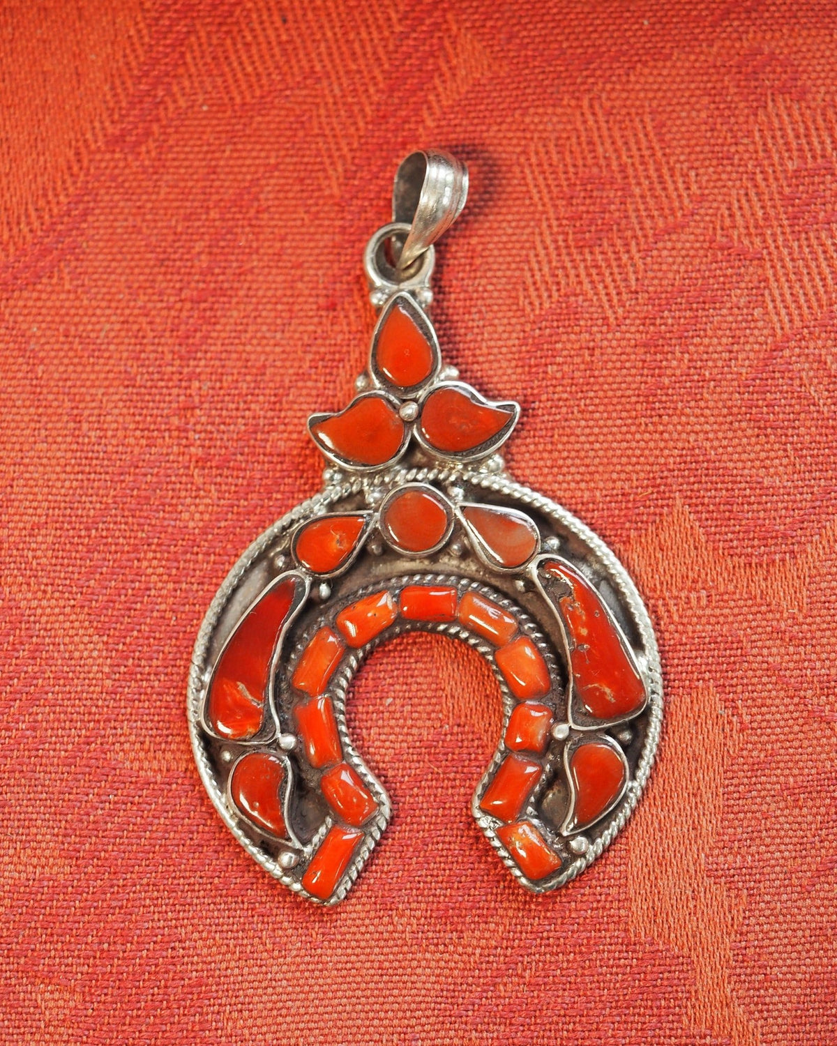 Silver Red Coral Naja-Style Statement Pendant, 2.5 Inch, 2000s Pendant - GlamGram NYC