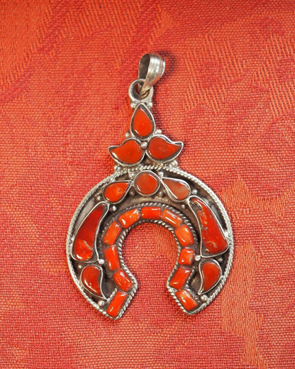 Silver Red Coral Naja-Style Statement Pendant, 2.5 Inch, 2000s Pendant - GlamGram NYC