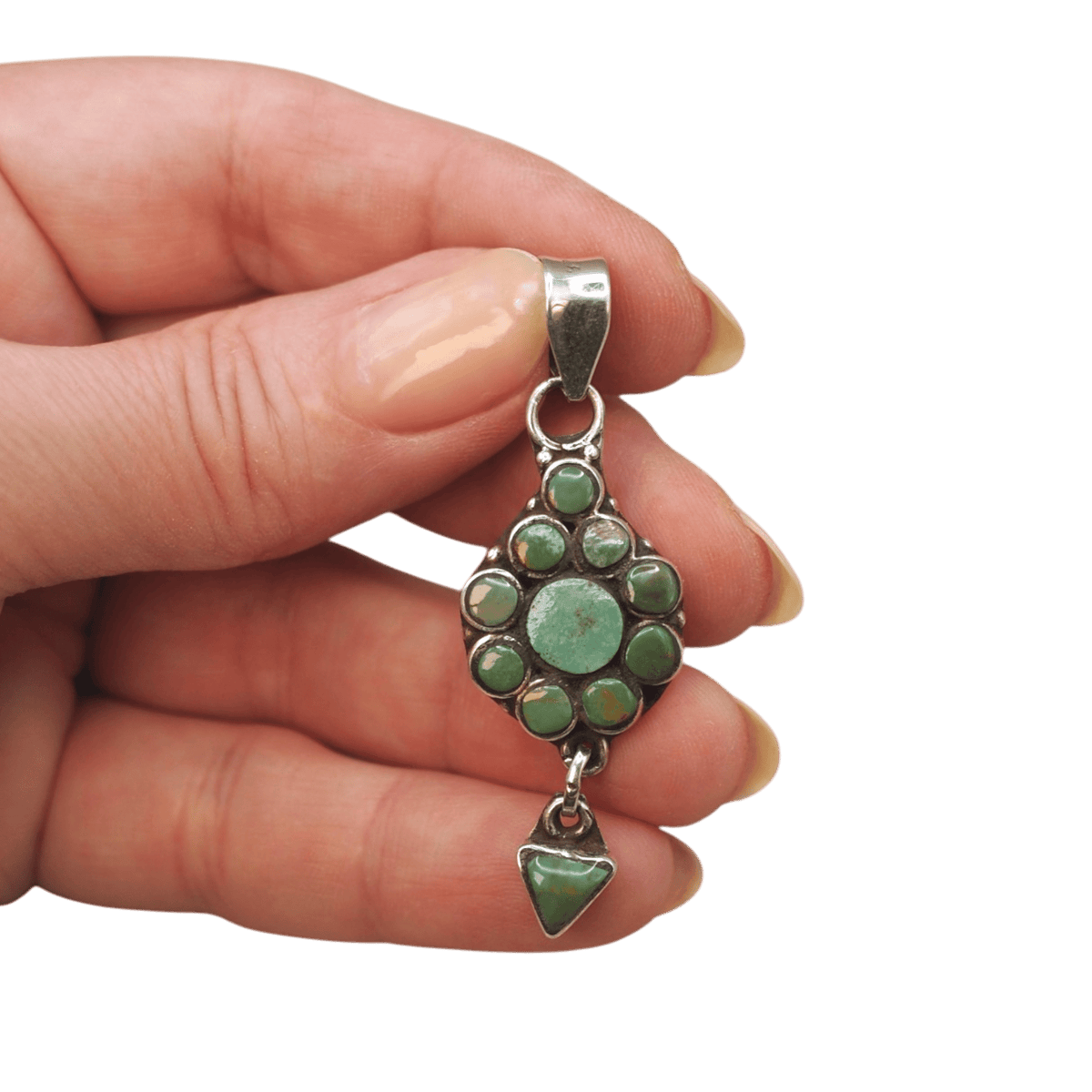 Southwestern Sterling Silver Green Turquoise Cluster Dangle Pendant Pendant - GlamGram NYC