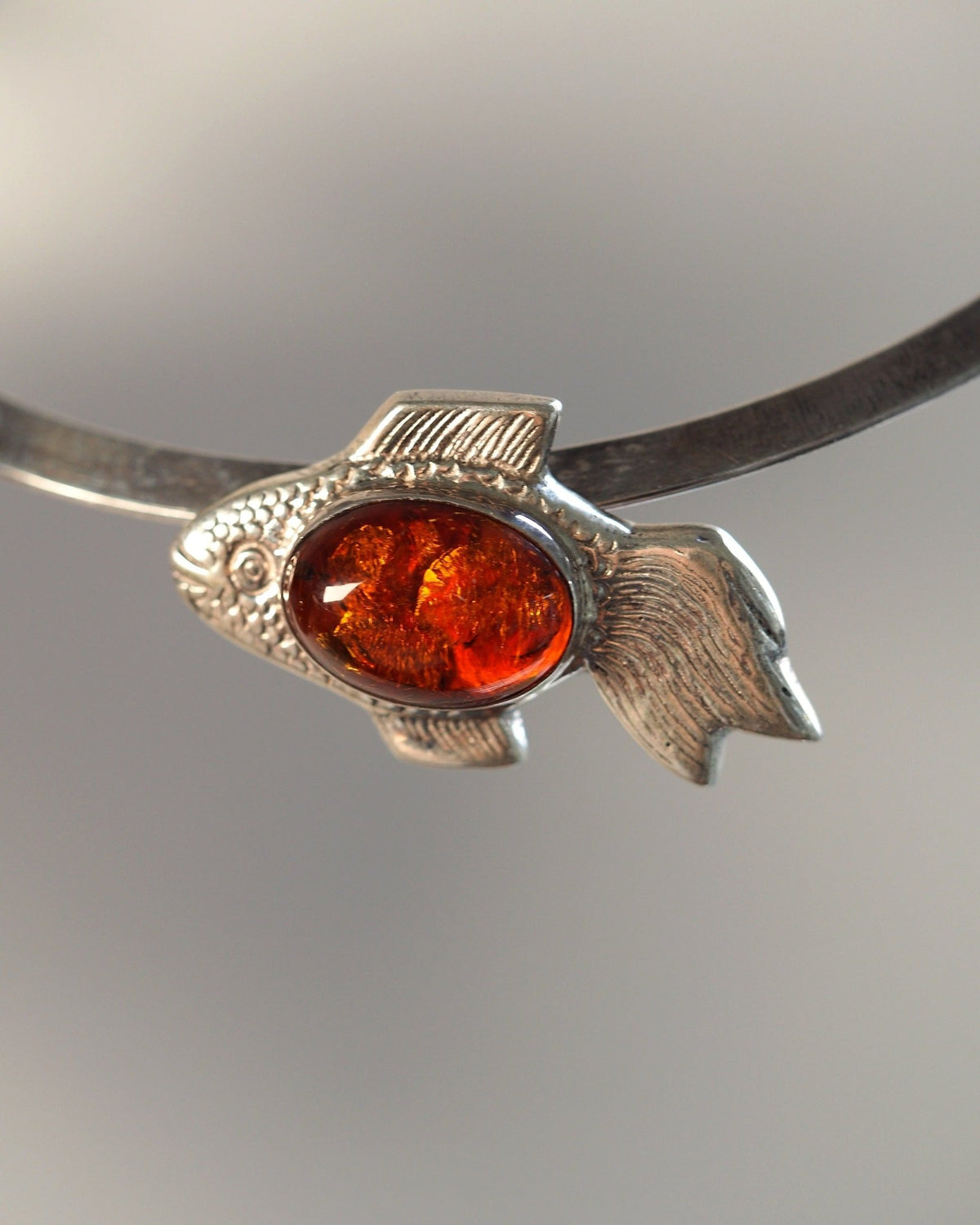 Sterling Silver Amber Fish Pendant, 1.75 Inch, 2000s Pendant - GlamGram NYC