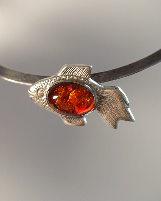 Sterling Silver Amber Fish Pendant, 1.75 Inch, 2000s Pendant - GlamGram NYC