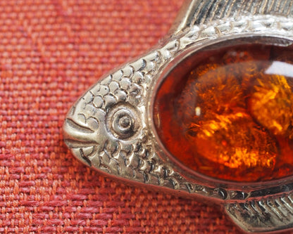 Sterling Silver Amber Fish Pendant, 1.75 Inch, 2000s Pendant - GlamGram NYC