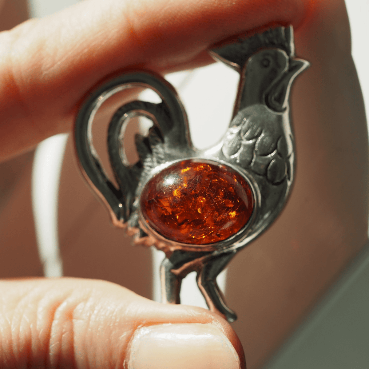 Sterling Silver Amber Rooster Pendant 925 Cognac Cabochon Folk Art Bird Pendant - GlamGram NYC