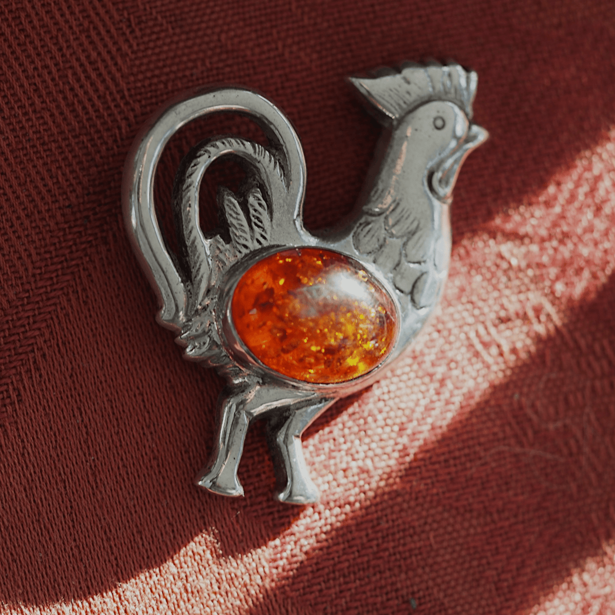 Sterling Silver Amber Rooster Pendant 925 Cognac Cabochon Folk Art Bird Pendant - GlamGram NYC