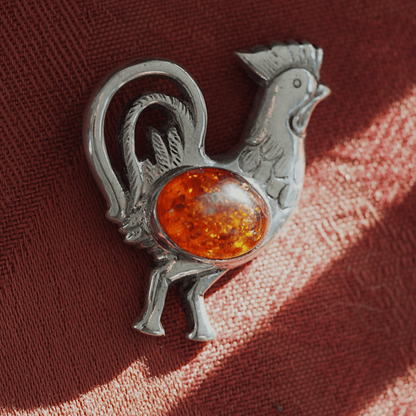 Sterling Silver Amber Rooster Pendant 925 Cognac Cabochon Folk Art Bird Pendant - GlamGram NYC