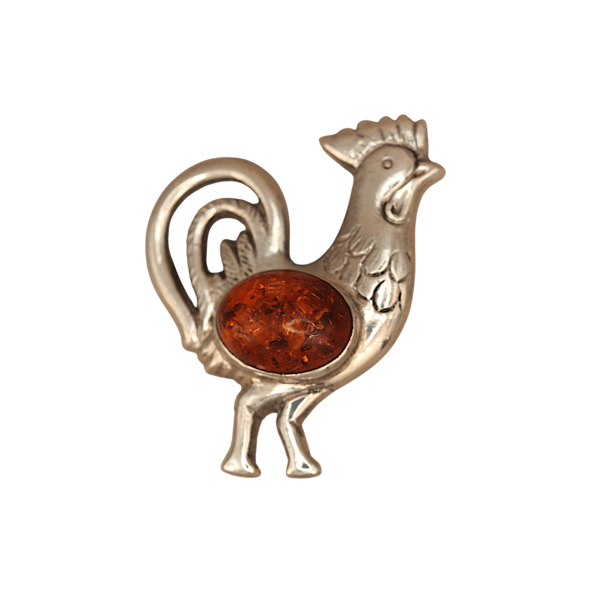 Sterling Silver Amber Rooster Pendant 925 Cognac Cabochon Folk Art Bird Pendant - GlamGram NYC