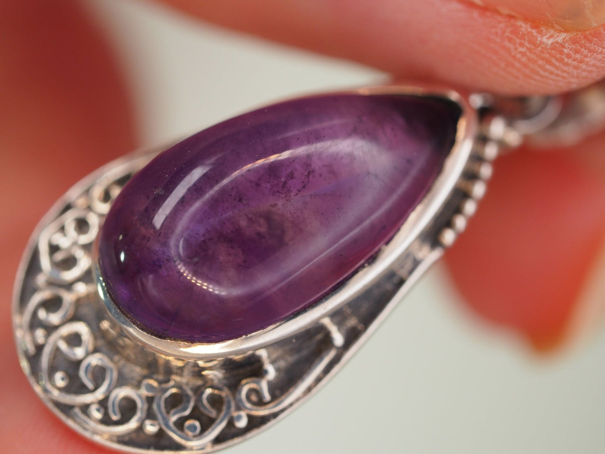 Sterling Silver Amethyst Teardrop Pendant with Scrollwork Frame Pendant - GlamGram NYC