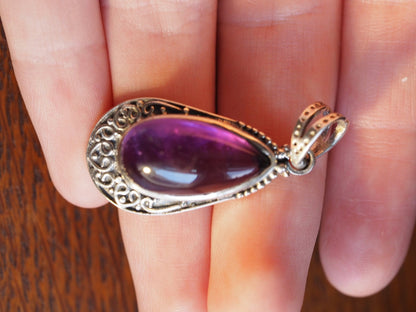 Sterling Silver Amethyst Teardrop Pendant with Scrollwork Frame Pendant - GlamGram NYC