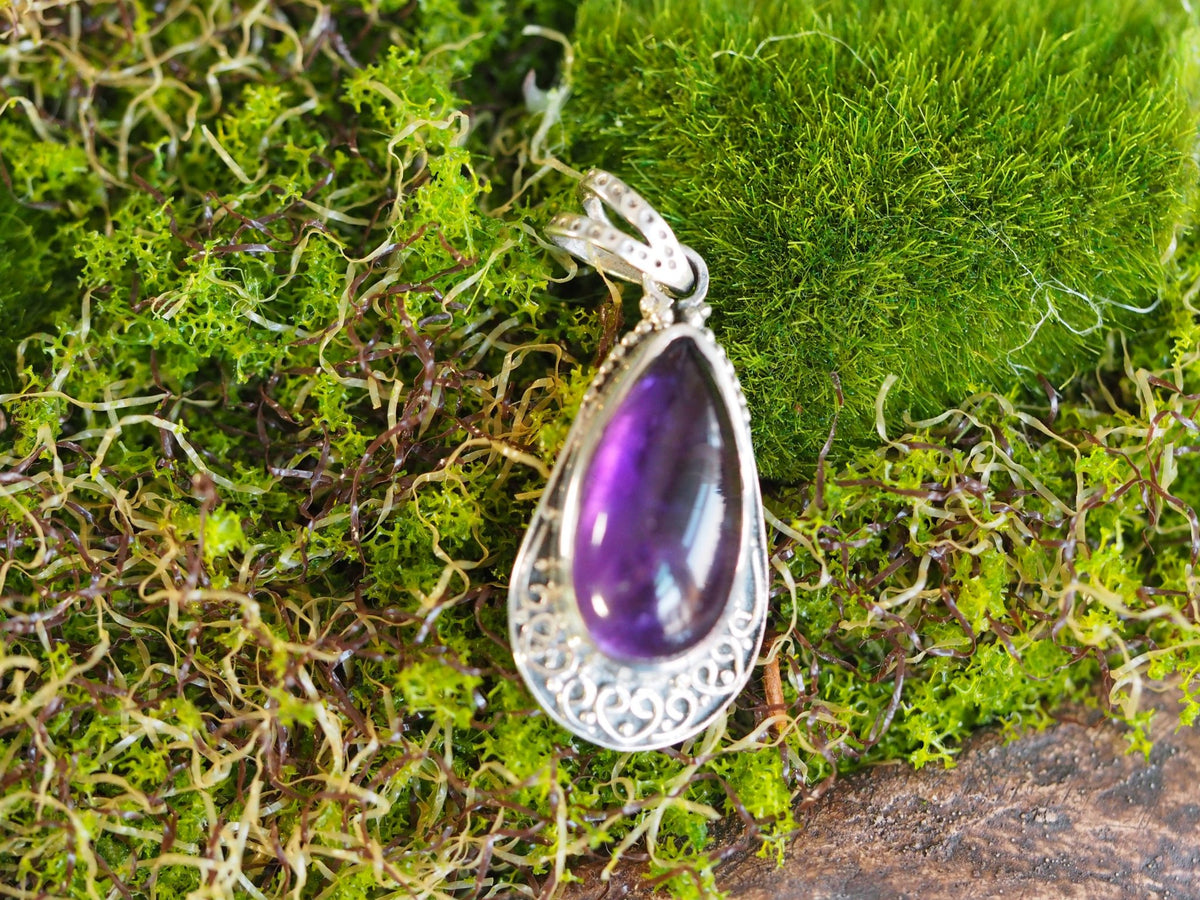 Sterling Silver Amethyst Teardrop Pendant with Scrollwork Frame Pendant - GlamGram NYC