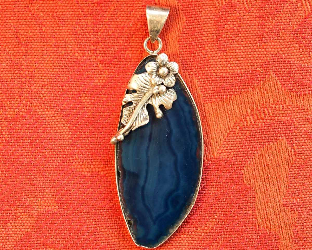 Sterling Silver Blue Agate Floral Vine Pendant 2000s Pendant - GlamGram NYC