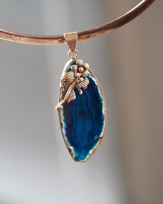 Sterling Silver Blue Agate Floral Vine Pendant 2000s Pendant - GlamGram NYC