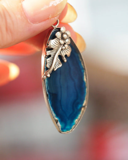 Sterling Silver Blue Agate Floral Vine Pendant 2000s Pendant - GlamGram NYC