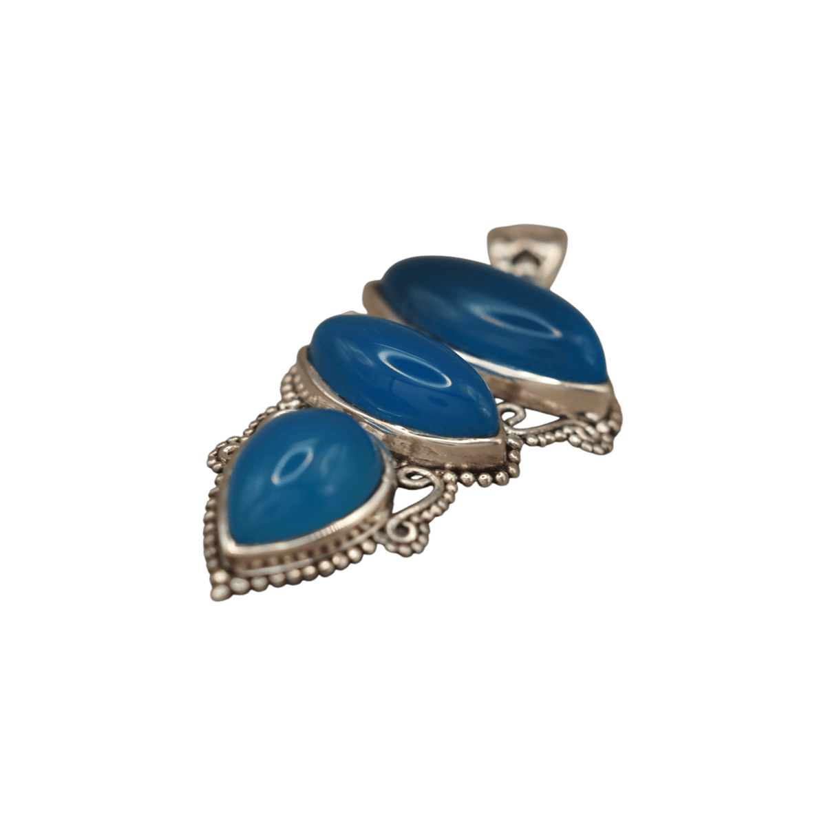Sterling Silver Blue Chalcedony Talisman Pendant 925 Three Stone Drop Pendant - GlamGram NYC