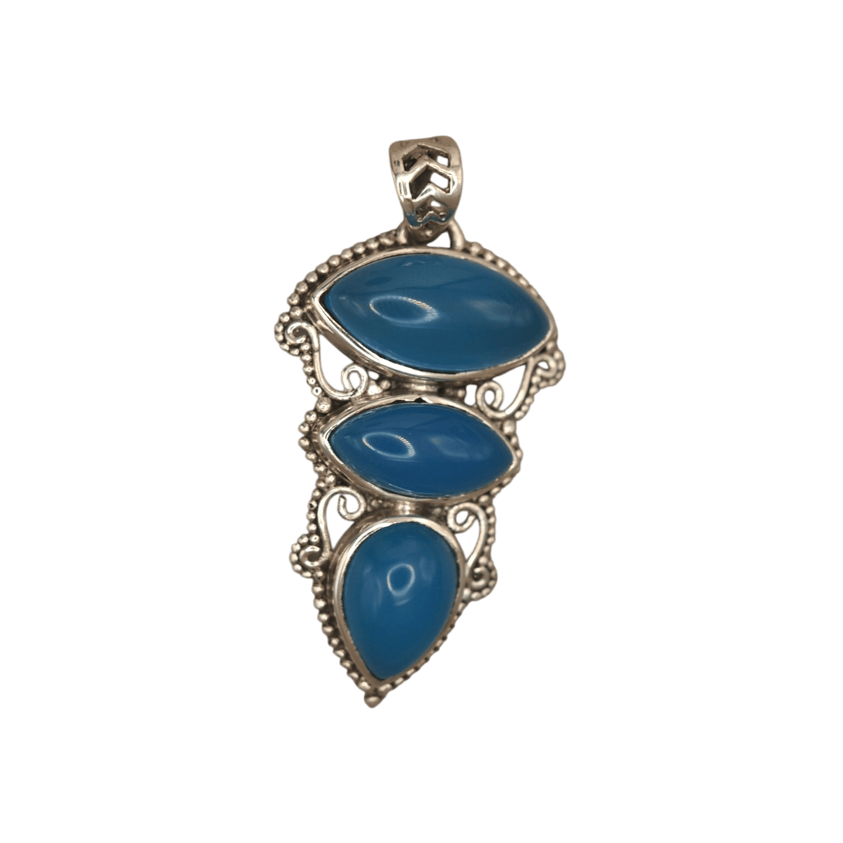 Sterling Silver Blue Chalcedony Talisman Pendant 925 Three Stone Drop Pendant - GlamGram NYC