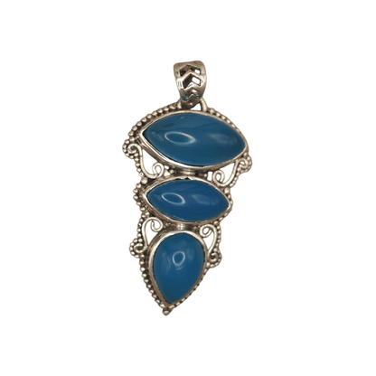 Sterling Silver Blue Chalcedony Talisman Pendant 925 Three Stone Drop Pendant - GlamGram NYC
