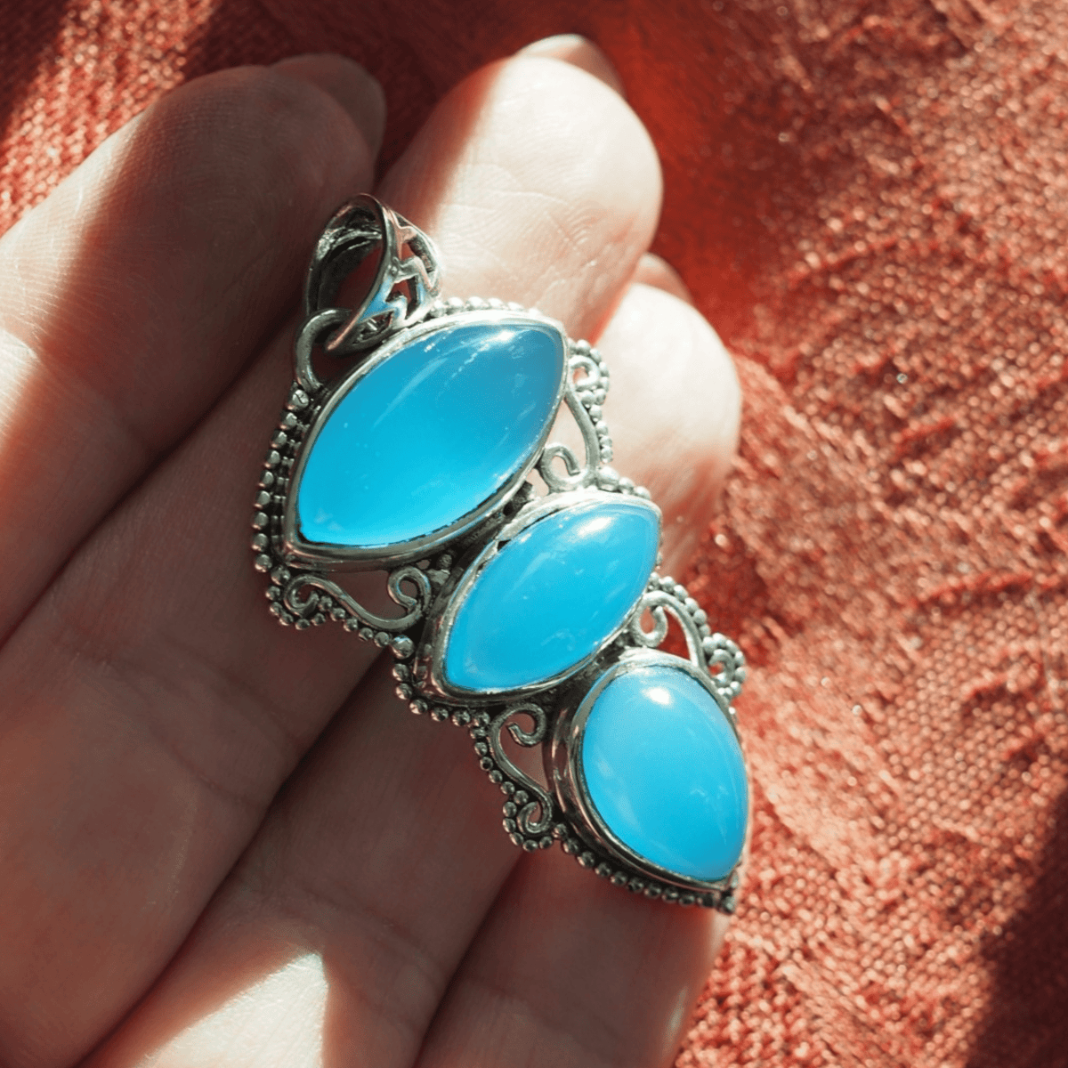 Sterling Silver Blue Chalcedony Talisman Pendant 925 Three Stone Drop Pendant - GlamGram NYC